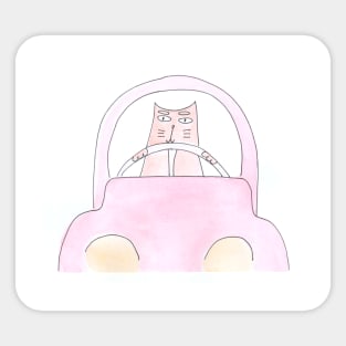 Cat is driving a car. Driver, road, journey. Watercolor illustration humorous. Humor, fun design modern Sticker